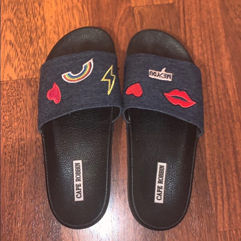 Denim Slides with Trendy Patches